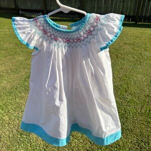 Silly Goose hand smocked white dress with blue trim Size 12 months GUC